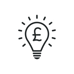 Pound currency symbol in a lightbulb. Financial or money idea icon line style isolated on white background. Vector illustration