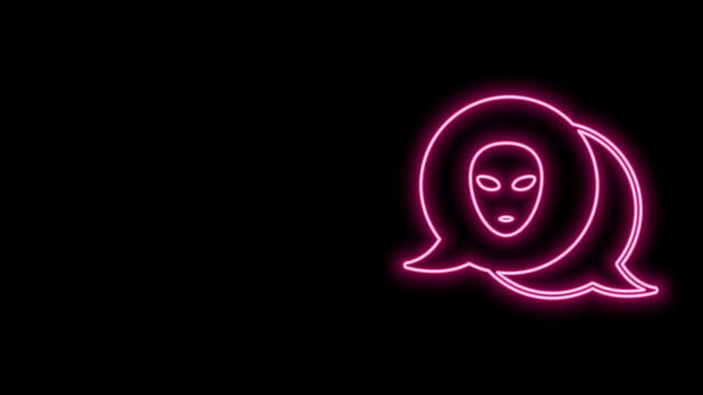 Glowing neon line Alien icon isolated on black background. Extraterrestrial alien face or head symbol. 4K Video motion graphic animation