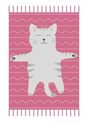 Vector illustration, contented cat is sleeping on the rug, cartoon pet
