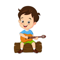 Cartoon boy scout playing guitar on stump