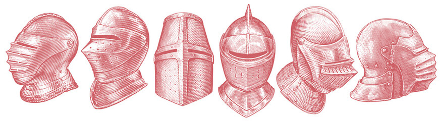 Medieval knight helmets. Design set. Hand drawn engraving. Editable vector vintage illustration. Isolated on white background. 8 EPS - obrazy, fototapety, plakaty
