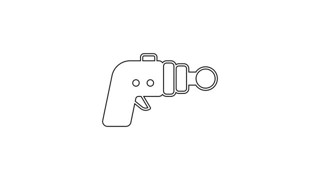 Black line Ray gun icon isolated on white background. Laser weapon. Space blaster. 4K Video motion graphic animation