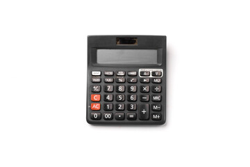 Black calculator on white background isolated stock image.