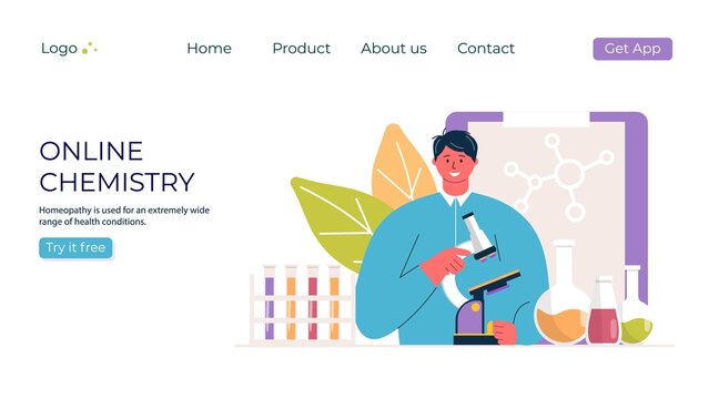 Online education chemistry concept. Man with microscope in lab promo. template for banner, invitation, ad, landing page. Vecror modern design