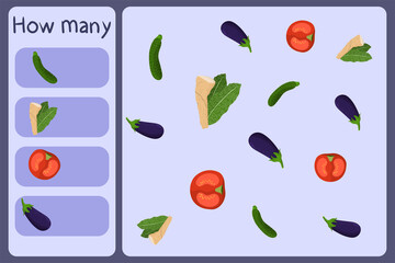 Kids mathematical mini game - count how many vegetables - zucchini, horseradish, tomato, eggplant. Educational games for children. Cartoon design template on colorful backdrop. Vector graphic.