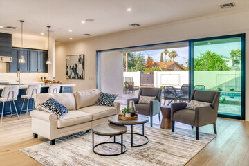 black and white living room with an open floor plan