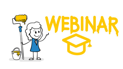 Cartoon stick figure drawing conceptual illustration of smiling business woman wrote or drew a word. Webinar. Painter woman holding roller with paint and a bucket of paint near her. Business design.