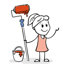 Smiling stick woman is painter. Drawing of cartoon stick figure conceptual illustration of young girl holding roller with paint. She is pleased her creative work. Motivation and inspiration sign.