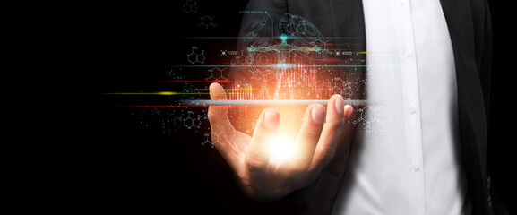 Digital of Virtual analysis chromosome DNA test of human in situations disease COVID-19 virus on hands in 3D illustration. Of free space for texts.