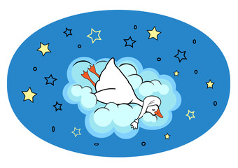Funny goose sleeping in a nightcap on cloud in night sky © Natasha 