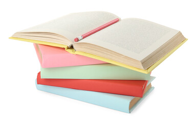 Many colorful hardcover books with pencil on white background