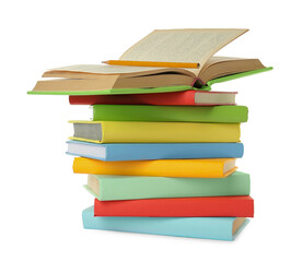 Many colorful hardcover books with pencil on white background