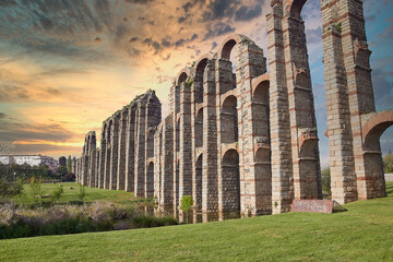 The famous roman aqueduct of the Miracles (Los Milagros) in Merida, province of Badajoz, Extremadura, Spain.