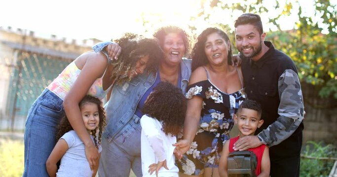 Brazilian family posing outside, hispanic family photo together