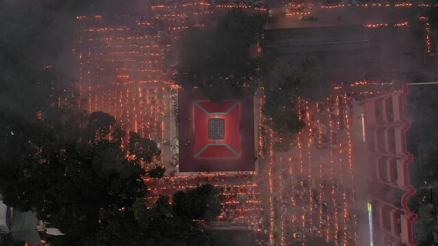 Aerial view of people praying and worshipping at Sri Bramhachar temple for Hindu fasting festival, Sonargaon, Bangladesh.