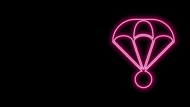 Glowing neon line Parachute icon isolated on black background. Extreme sport. Sport equipment. 4K Video motion graphic animation