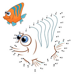 Cartoon cute fsh. Dot to dot game with numbers and answer for kids. Connect the dots by numbers and finish the picture. Education Game and Coloring Page with fish character. Practice counting to 50.