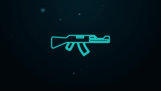 Glowing neon line Submachine gun icon isolated on black background. Kalashnikov or AK47. 4K Video motion graphic animation