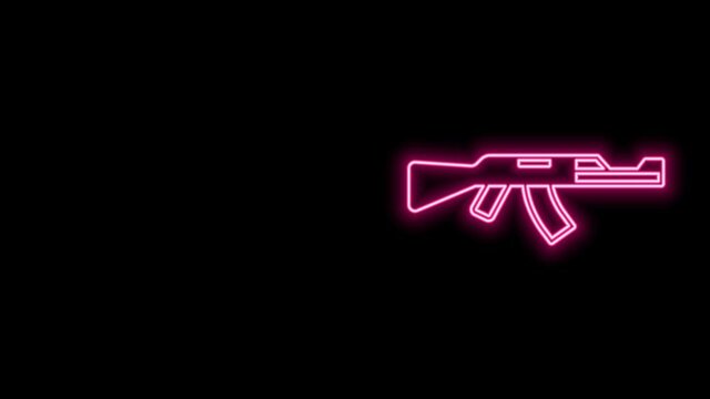 Glowing neon line Submachine gun icon isolated on black background. Kalashnikov or AK47. 4K Video motion graphic animation