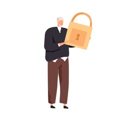 Internet security, data protection, secure access, confidentiality and privacy concept. Tiny person holding big strong solid padlock. Colored flat vector illustration isolated on white background