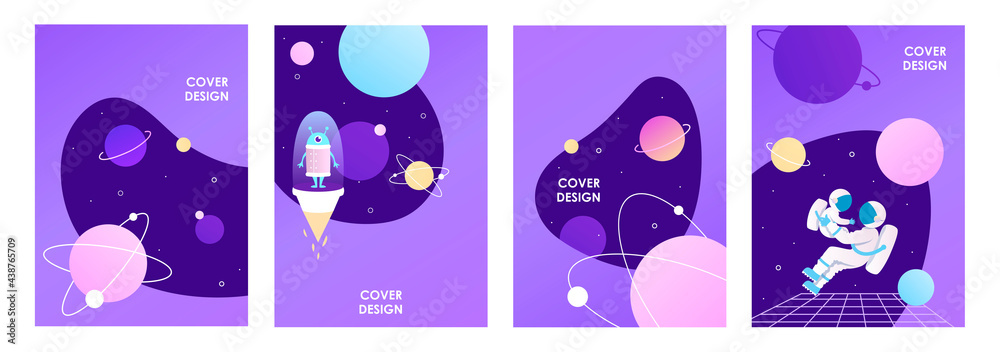 Wall mural set of abstract space banners. scientific presentation design. astronauts in space. universe, planet