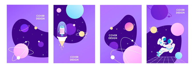 Set of abstract space banners. Scientific presentation design. Astronauts in space. Universe, planets and galaxy. Vector illustration. Purple gradient. Place for your text. EPS 10