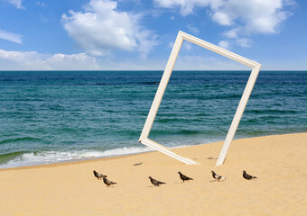 Fototapeta na wymiar Sokcho Beach with a white photo frame on the East Sea of South Korea. Summer vacation concept. 