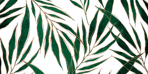 Luxury golden art deco wallpaper. Abstract Nature background. Floral pattern with golden line art on green emerald color. Golden leaves background. Watercolor freehand drawing of leaves, branches.
