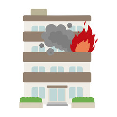 災害と家のイラスト。火災による炎と煙に包まれたマンション。 © yukimco
