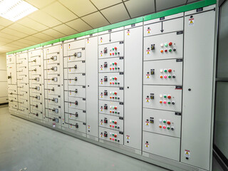 Electrical switchgear, Industrial electrical switch panel at substation in industrial zone at power plant with closed up