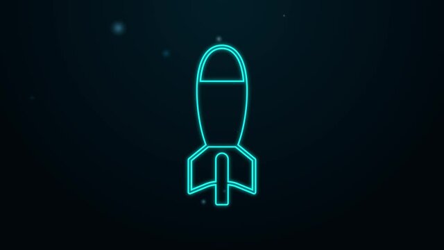 Glowing neon line Rocket launcher with missile icon isolated on black background. 4K Video motion graphic animation
