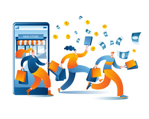 Happy people come out with purchases from an online store on a smartphone. Concept of a vector illustration in a flat style on the theme of opening an online store.