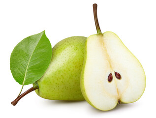 Pear fruit with pear leaf isolated on white background. Pear clipping path. Professional studio macro shooting