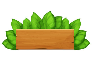 Wooden plank, billboard with leaves, exotic, jungle decoration in cartoon style isolated on white background. Empty board, textured an detailed. Vector illustration