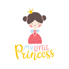 My little princess. Cute girl character with lettering. Vector illustration in simple hand-drawn scandinavian style with pastel palette. Ideal for printing baby clothes, nursery poster, cards.