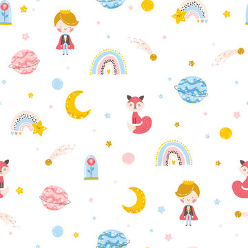 Little prince seamless pattern. Boy with Fox, rose, planets and stars. Vector illustration in simple hand-drawn cartoon style. The pastel palette is ideal for printing baby clothes, textiles.