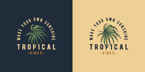 Tropical hawaii and summer surfing. Exotic plant for t-shirt print. Palm and monstera for tropic surf design