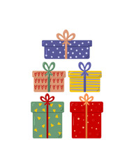 Gift boxes, presents isolated on white. Colorful wrapped. Sale, shopping concept. Collection for Birthday, Christmas. For Vector Cartoon flat design