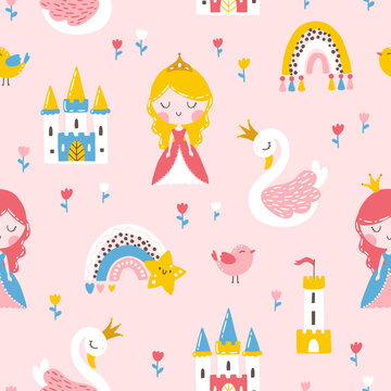 Princess seamless pattern with swan, castle, rainbow and flowers. Vector illustration of a girl in a fairy kingdom in a hand-drawn cartoon style. The pastel palette is ideal for baby clothes, textiles