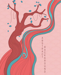 vector abstract background with simple japanese pattern and stylized sakura tree on orange and blue colours