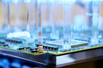 CPU microchips on computing platform with AI technologies. Computer motherboard with components for server, software and hardware complex