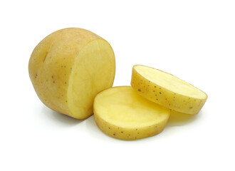 Raw potato sliced into pieces, Organic vegetable, Isolated on white background, Cut out with clipping path