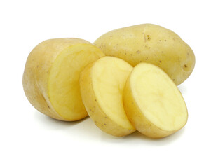 Raw potato sliced into pieces, Organic vegetable, Isolated on white background, Cut out with clipping path