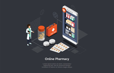Vector Isometric Composition With Infographics. 3D Cartoon Style Illustration With Character And Objects. Online Pharmacy Concept. Smartphone With Medical Products On Screen. First Aid Case, Pills Jar