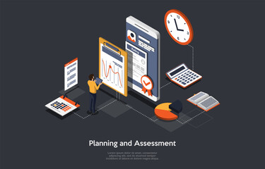 Composition On Dark Background. 3D Isometric Vector Design, Cartoon Style. Business Goals Planning Strategy And Rating Assessment Concept. Person Standing Near Smartphone And Work Infographic Items.