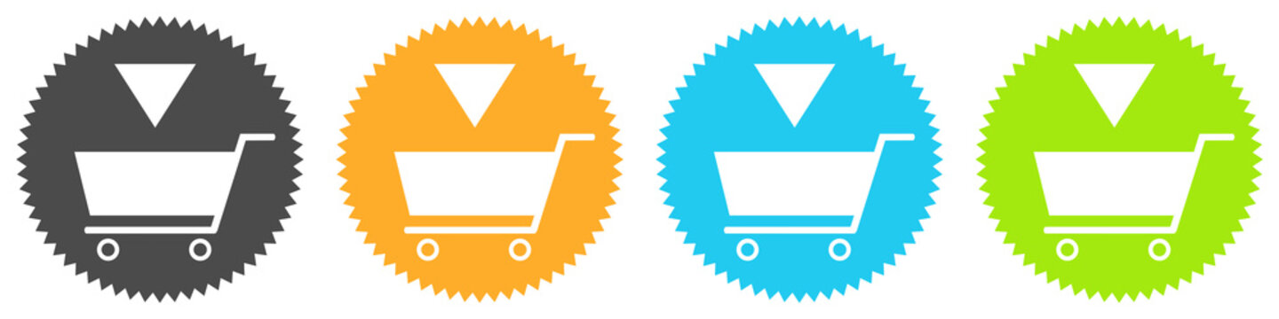 Bunter Button Banner: Shopping - Einkaufswagen Symbol für Supermakt oder Onlineshop