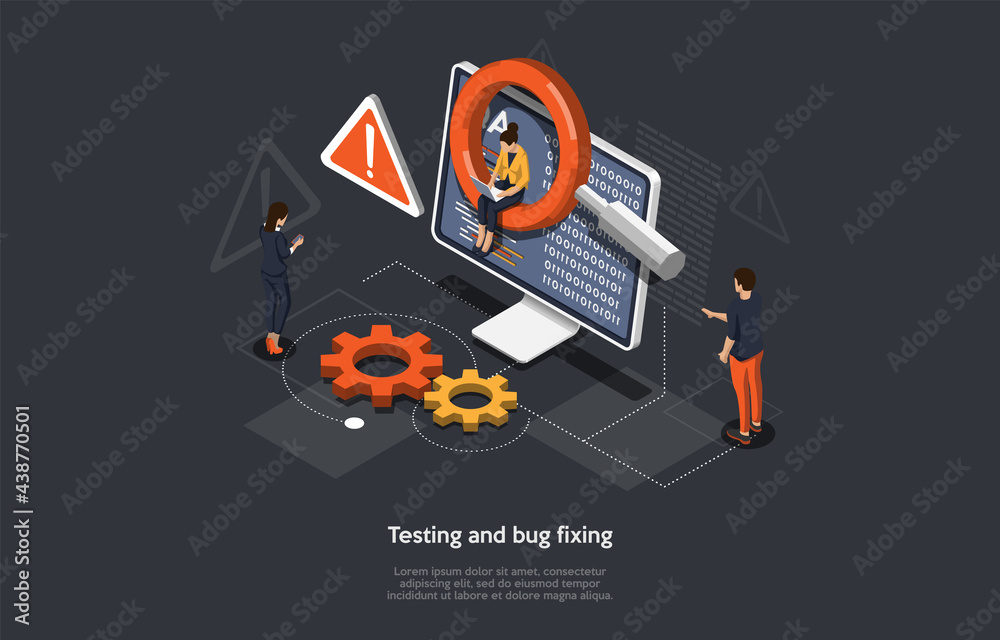 Fototapete Program Or Application Testing, Bug Fixing Process Concept Design. Cartoon 3D Style, Vector Isometric Composition. Software Development And Coding. People Work Near Computer, Screen With Information.