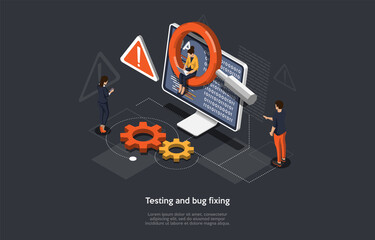 Program Or Application Testing, Bug Fixing Process Concept Design. Cartoon 3D Style, Vector Isometric Composition. Software Development And Coding. People Work Near Computer, Screen With Information.