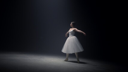 Pretty ballerina spinning around on tiptoe. Ballet dancer dancing on stage.
