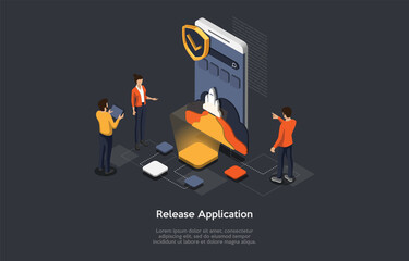 Composition With People And Objects On Dark Background. Vector Isometric Illustration, Cartoon 3D Style. Application Release Step. Three Workers Team Standing Near Smartphone With Rocket Launching.